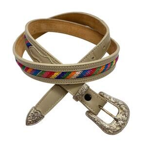 Woven Colorblock Rainbow Fabric & Beige‎ Leather Belt Women's 36 Western Buckle
